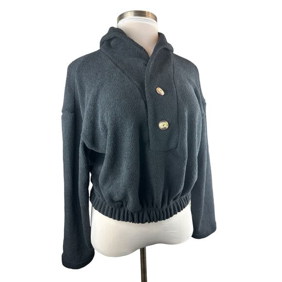 Free People x FP Beach Bino Pullover Button Crop Gathered Sweater Black Small - Picture 4 of 12